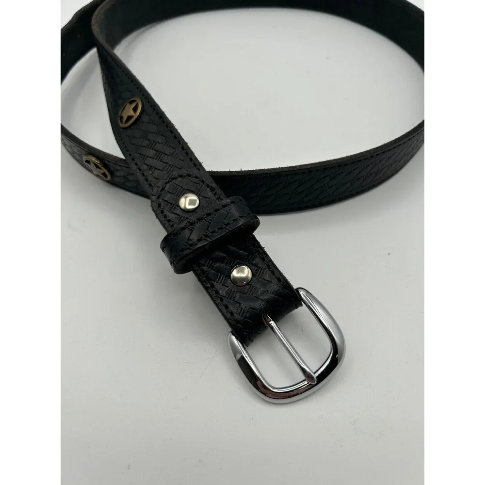 Western Belt Mens 42 Black Leather Star Studded Basketweave Vintage Style